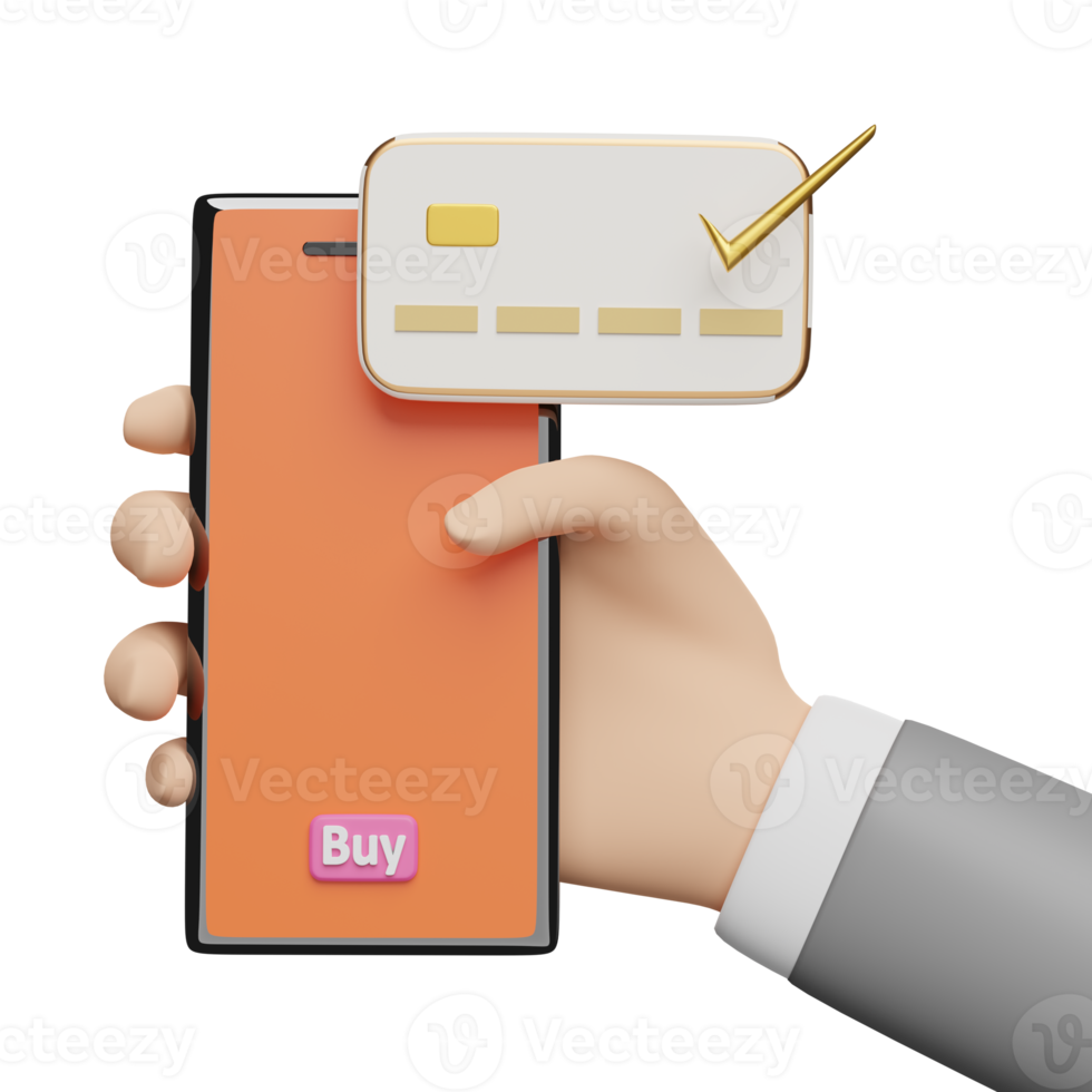 businessman hands holding orange mobile phone, smartphone with credit card check, buy label tag isolated. Internet banking, online shopping concept, 3d illustration or 3d render png