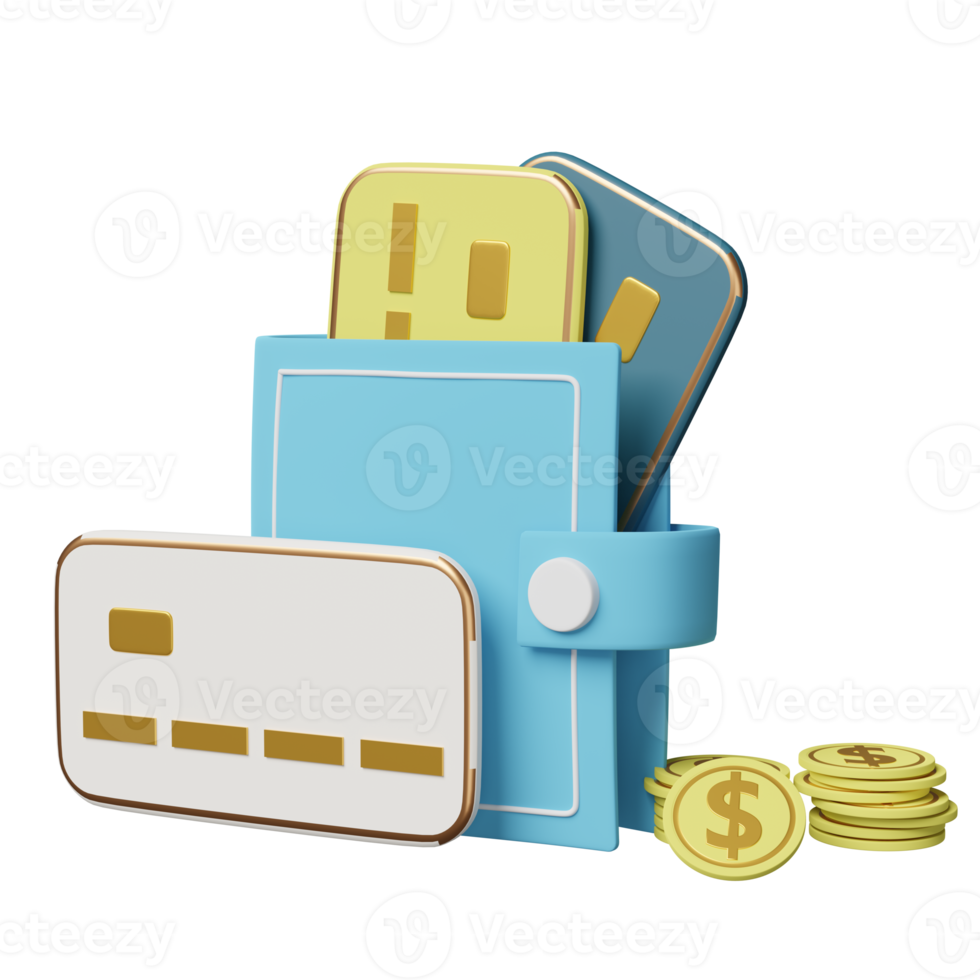 3d blue wallet with credit card, pile of stacked coin, saving money concept isolated. 3d render illustration png