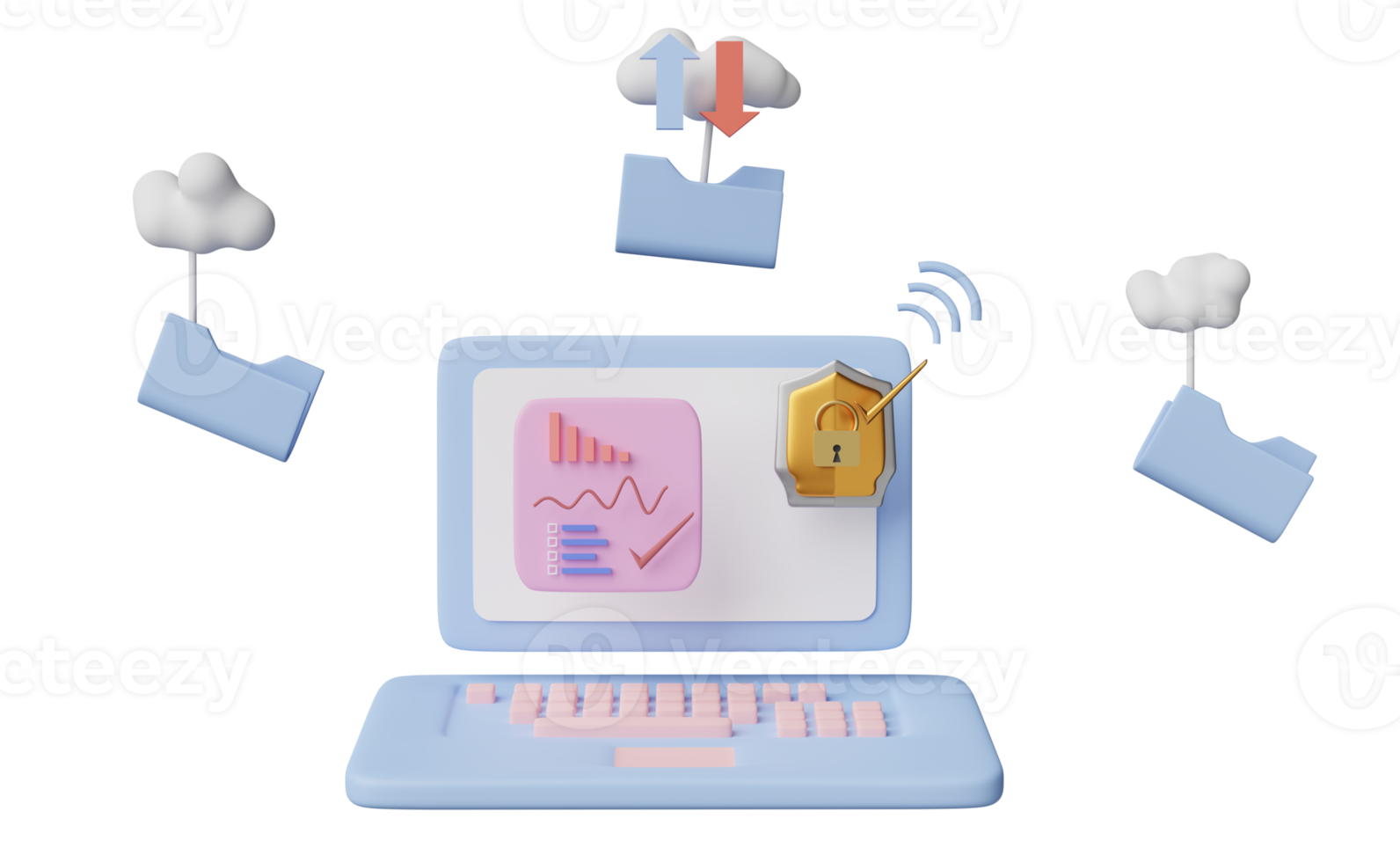 Computadora portátil 3d con gráficos, gráficos, escudos, carpeta en la nube aislada. seguridad de Internet o protección de la privacidad o concepto de protección de ransomware, ilustración de renderizado 3d png