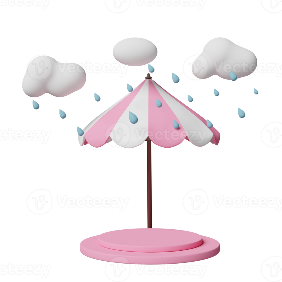 stage podium empty with umbrella, cloud, drop rain water isolated. protection and security concept, 3d illustration or 3d render png