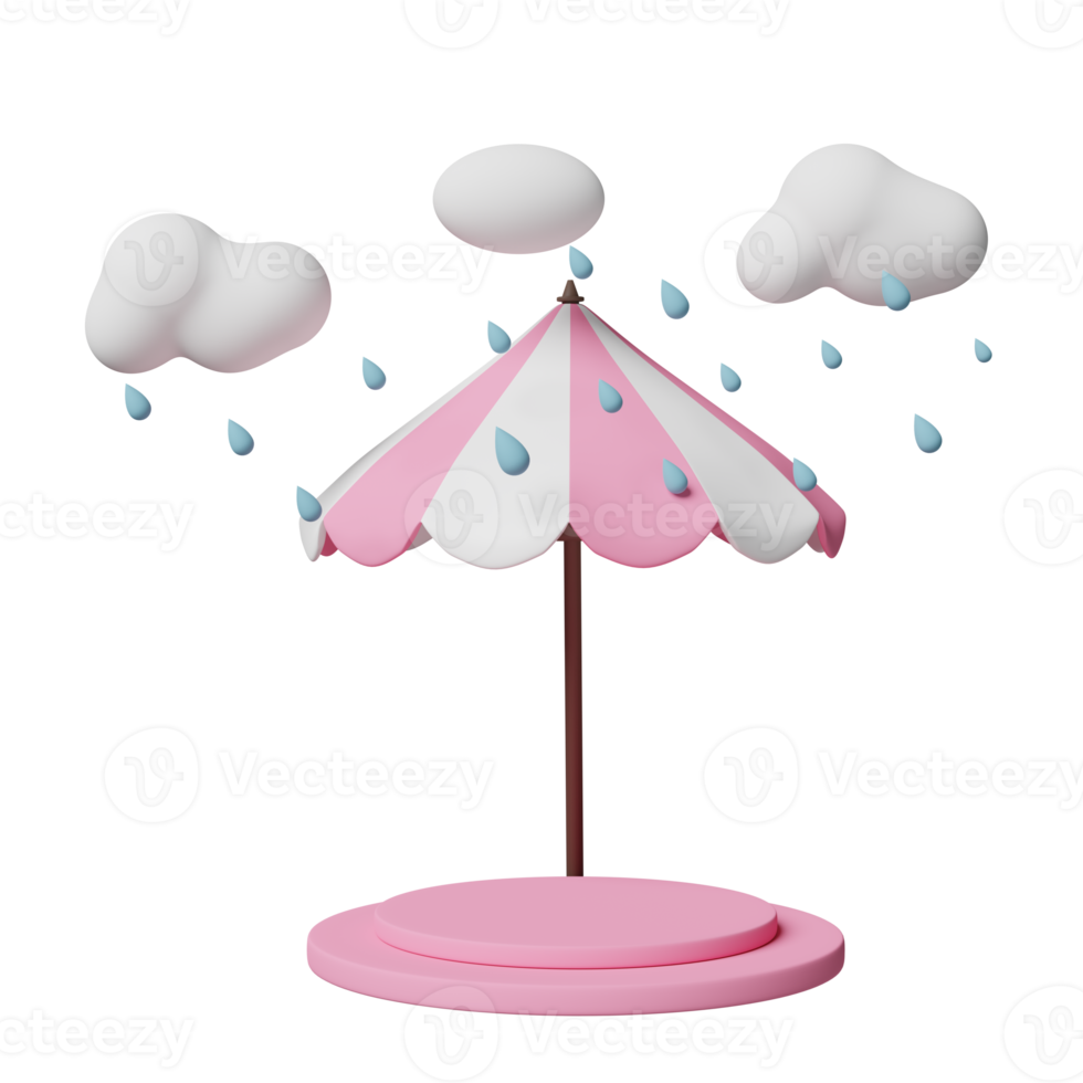stadium podium leeg met paraplu, wolk, laten vallen regen water geïsoleerd. bescherming en veiligheid concept, 3d illustratie of 3d geven png