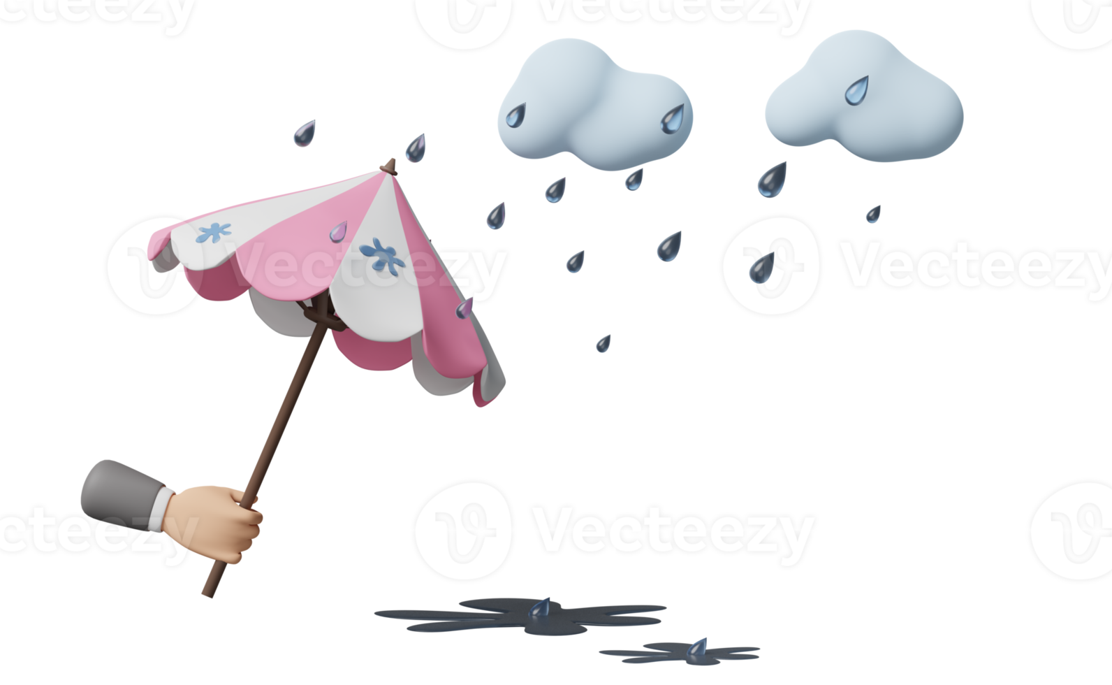 businessman hands hold umbrella with cloud, drop rain, water splash isolated. protection and security concept, 3d illustration or 3d render png