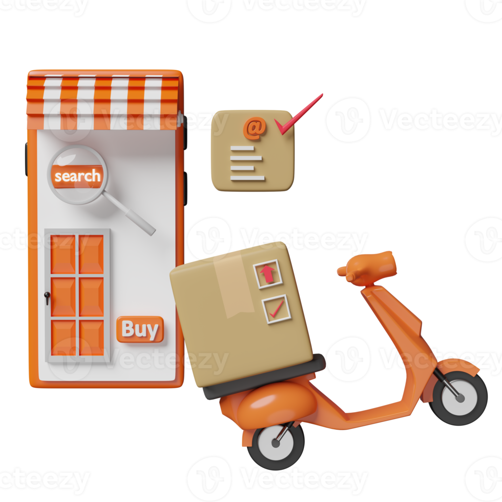 orange mobile phone or smartphone with store front, scooter, goods cardboard box isolated. Online delivery or online order tracking concept, 3d illustration or 3d render png