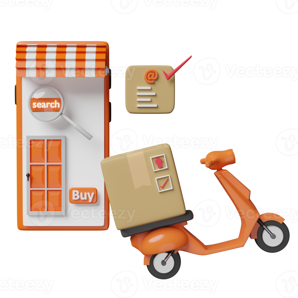 téléphone portable orange ou smartphone avec devanture de magasin, scooter, boîte en carton de marchandises isolée. livraison en ligne ou concept de suivi de commande en ligne, illustration 3d ou rendu 3d png