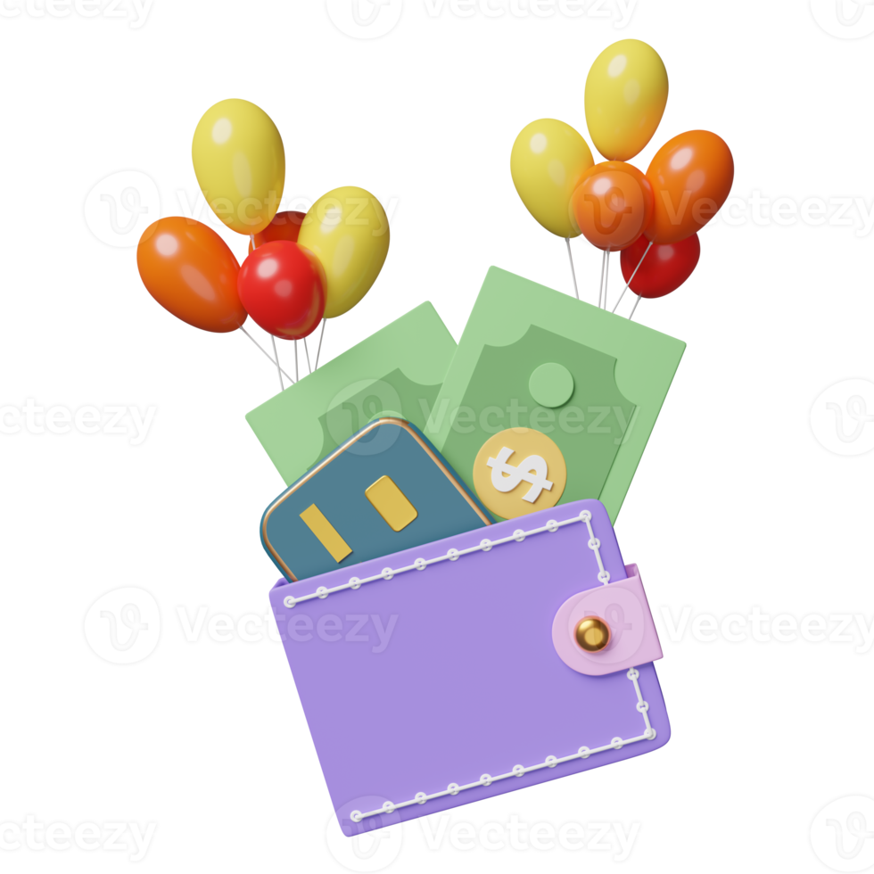 wallet and credit card with balloon, dollar banknote isolated. saving money, happy shopping concept, 3d illustration or 3d render png