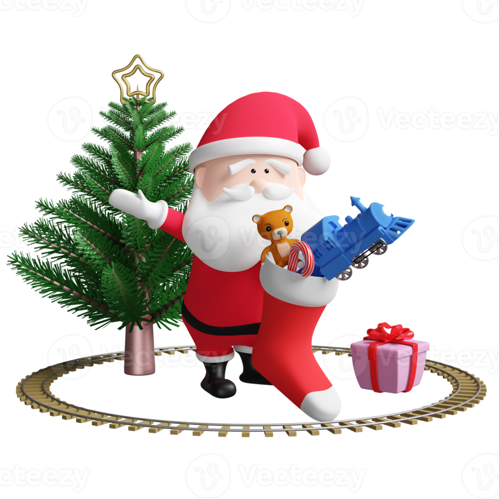 weihnachtsbaum mit weihnachtsmann, dampfzugspielzeug, weihnachtssocken isoliert. website, poster oder glückskarten, weihnachtsbanner, festliches neues jahr, 3d-illustration rendern png