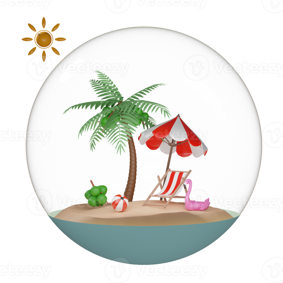 voyage d'été avec boule de verre, île, parapluie, cocotier, flamant rose gonflable dans une boule de verre isolée. concept illustration 3d ou rendu 3d png