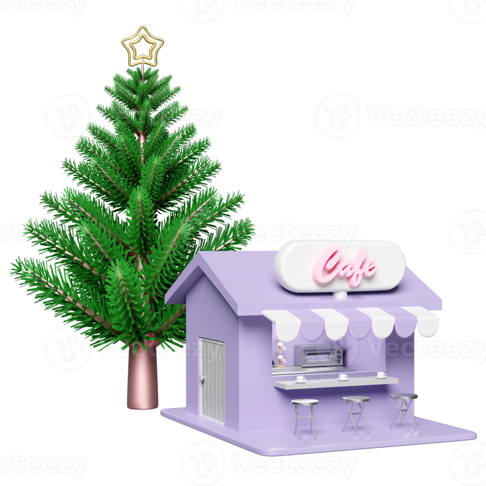 3d store front coffee shop with christmas tree, chair, electric oven, cup drying rack isolated. startup franchise business, happiness cards, festive New Year concept, 3d illustration render png