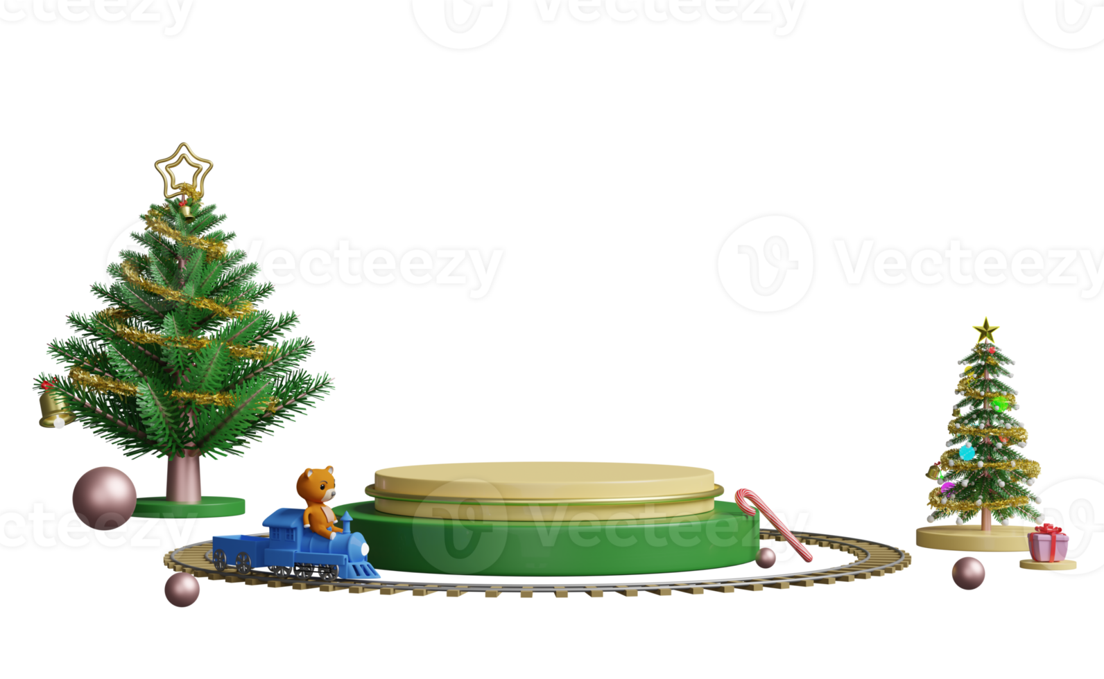 podio de la etapa del cilindro con caja de regalo, árbol de navidad, juguete de tren de vapor, oso de peluche aislado. Año nuevo festivo, pedestal de escaparate cosmético geométrico abstracto, representación de ilustración 3d png