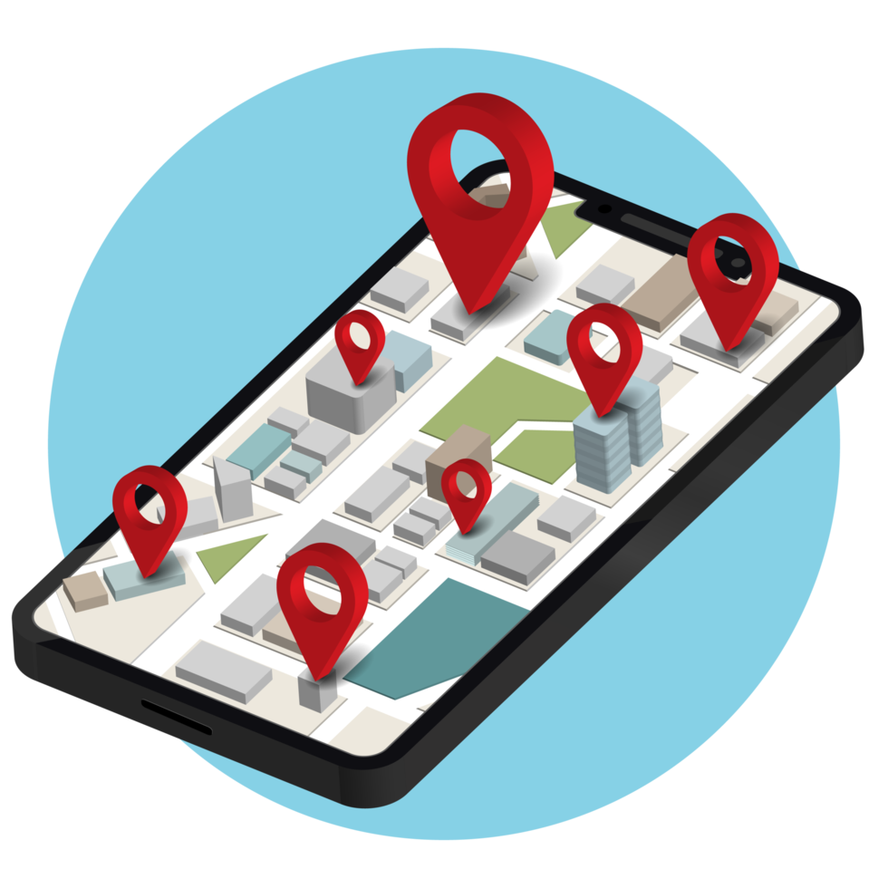 smartphone mobil gps navigering illustration isolerat Karta ikon med stift gps platt och plats markör pekare plats i isometrisk design, begrepp av väg resa riktning placera symbol png