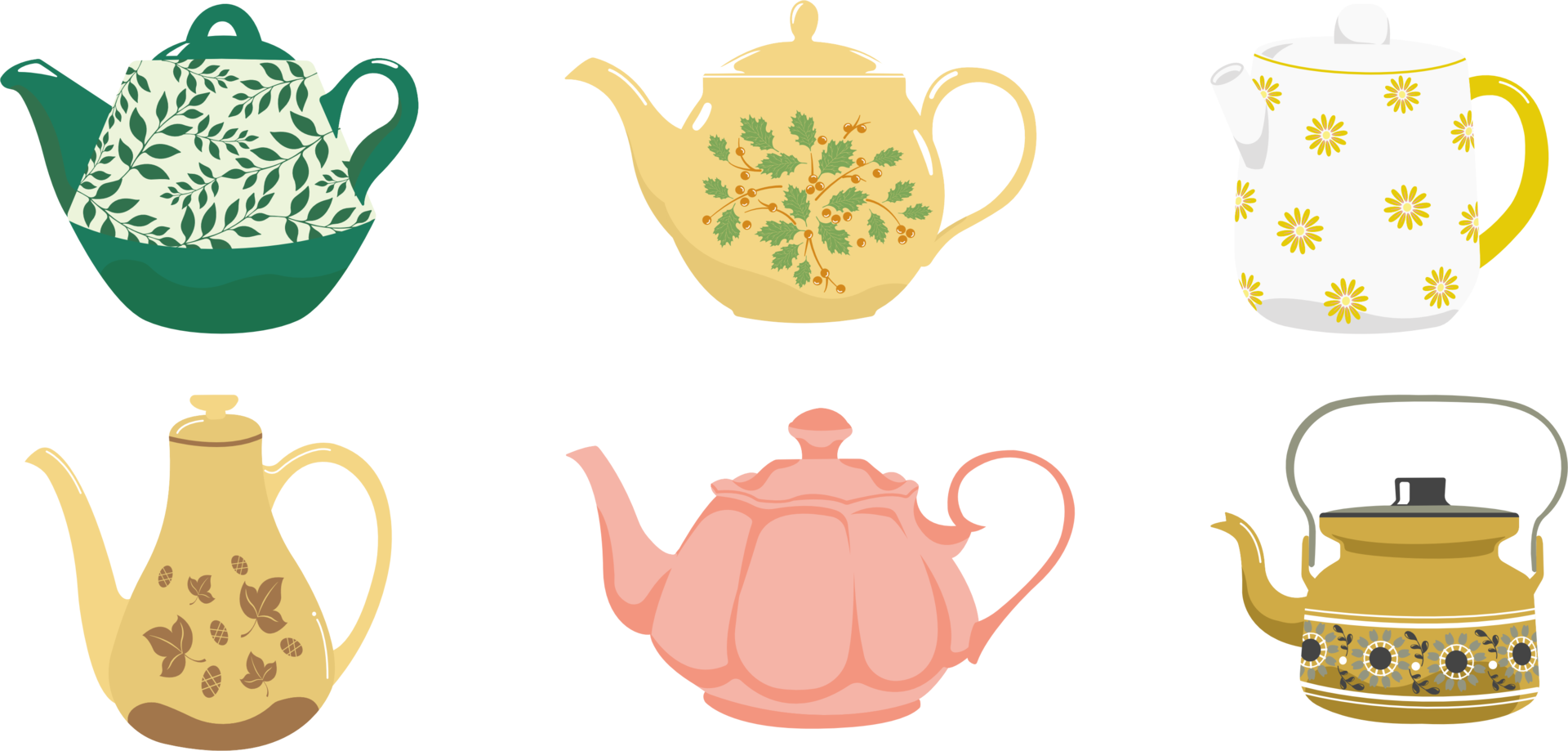 set of cartoon kettles. household utensils, cookware, and a teapot with