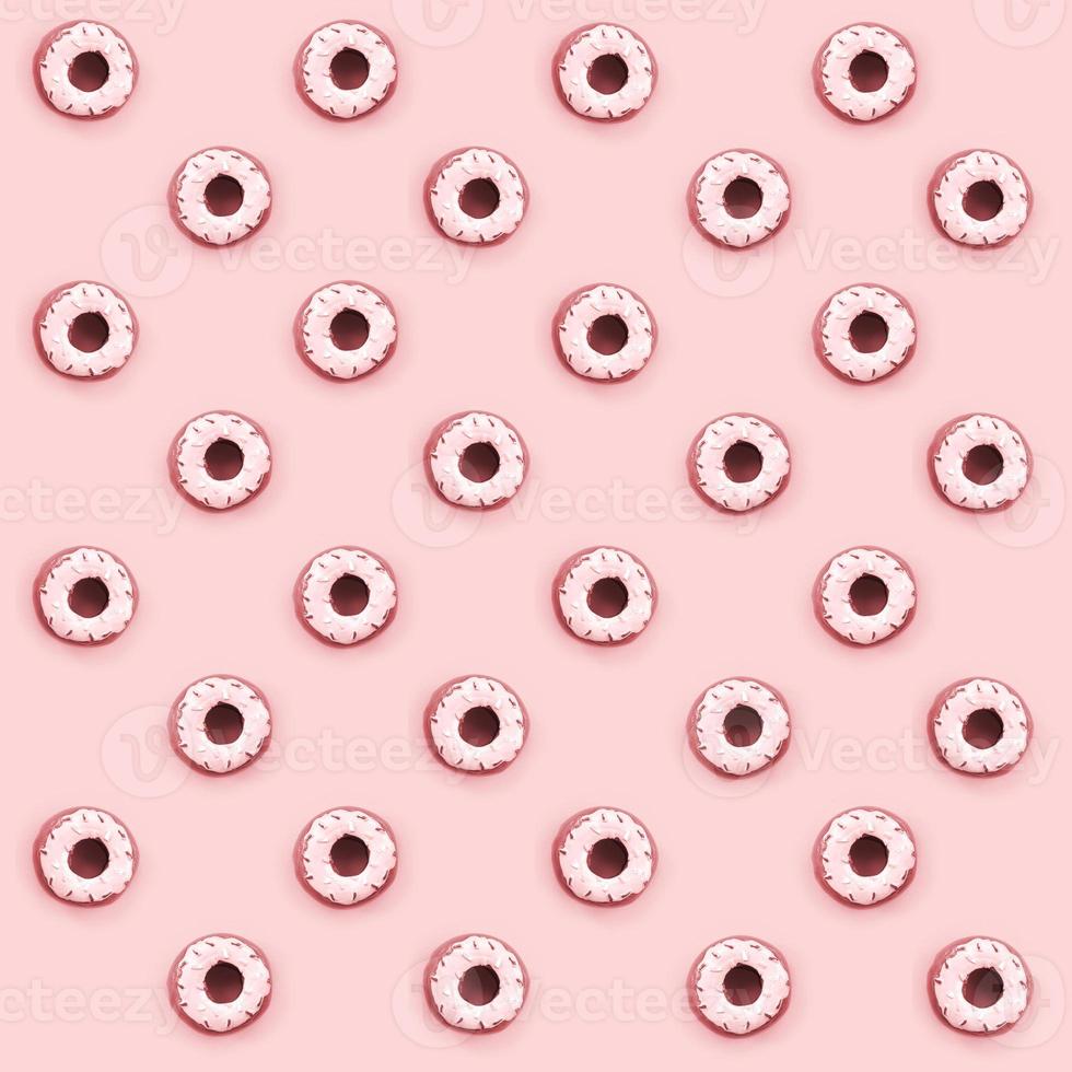 Many small plastic donuts lies on a pastel colorful background. Flat lay minimal pattern. Top view photo