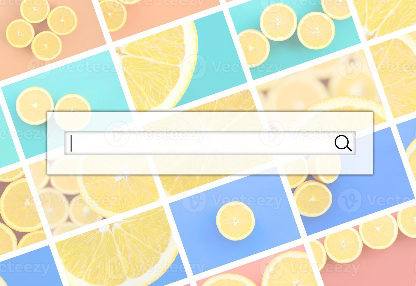 Visualization of the search bar on the background of a collage of many pictures with juicy oranges. Set of images with fruits on backgrounds of different colors photo