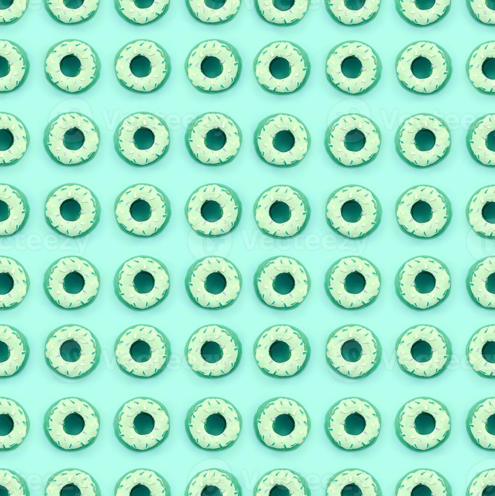 Many small plastic donuts lies on a pastel colorful background. Flat lay minimal pattern. Top view photo
