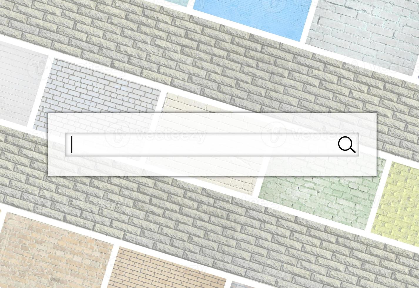 Visualization of the search bar on the background of a collage of many pictures with fragments of brick walls of different colors close-up. Set of images with varieties of brickwork photo