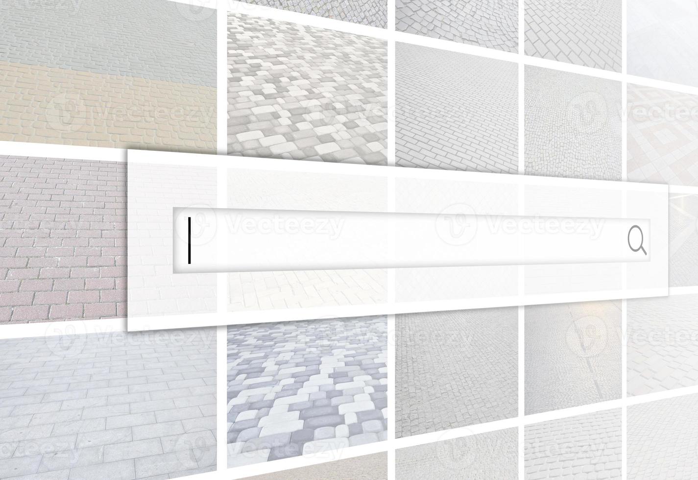 Visualization of the search bar on the background of a collage of many pictures with fragments of paving tiles close-up. Set of images with pavement stone photo