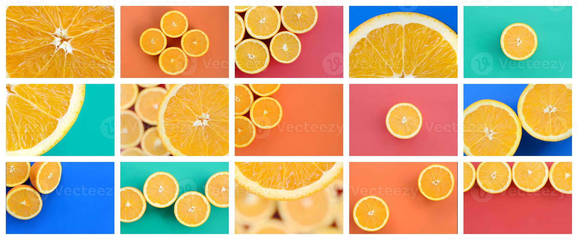 A collage of many pictures with juicy oranges. Set of images with fruits on backgrounds of different colors photo