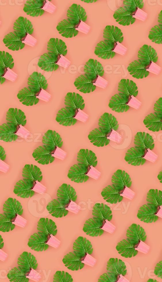 Tropical palm monstera leaves lies in a pastel pails on a colored background. Flat lay trendy minimal pattern. Top view photo