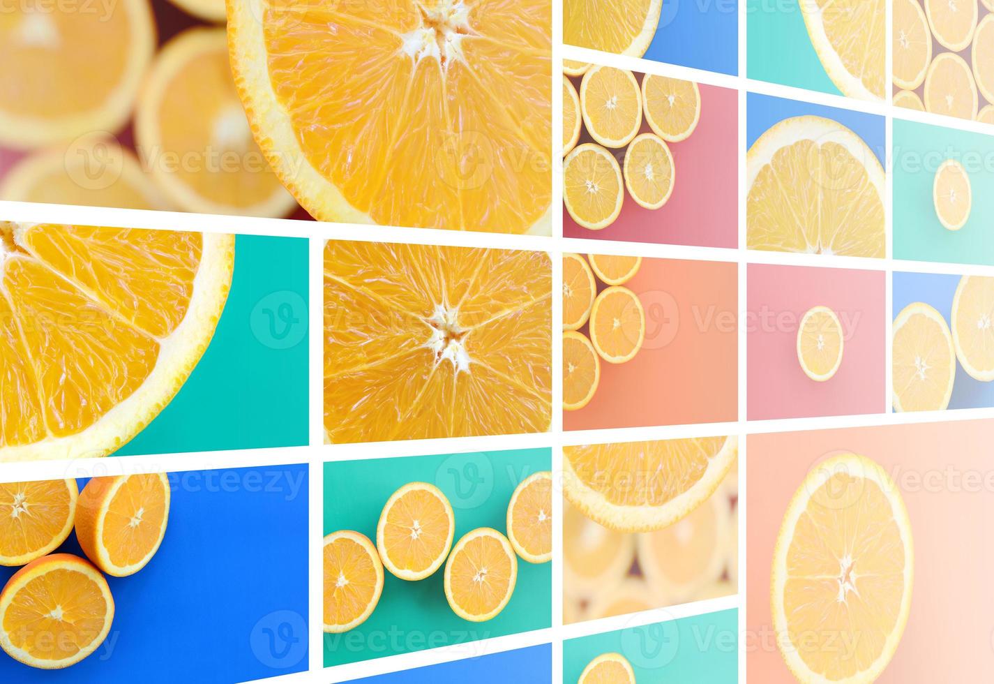 A collage of many pictures with juicy oranges. Set of images with fruits on backgrounds of different colors photo