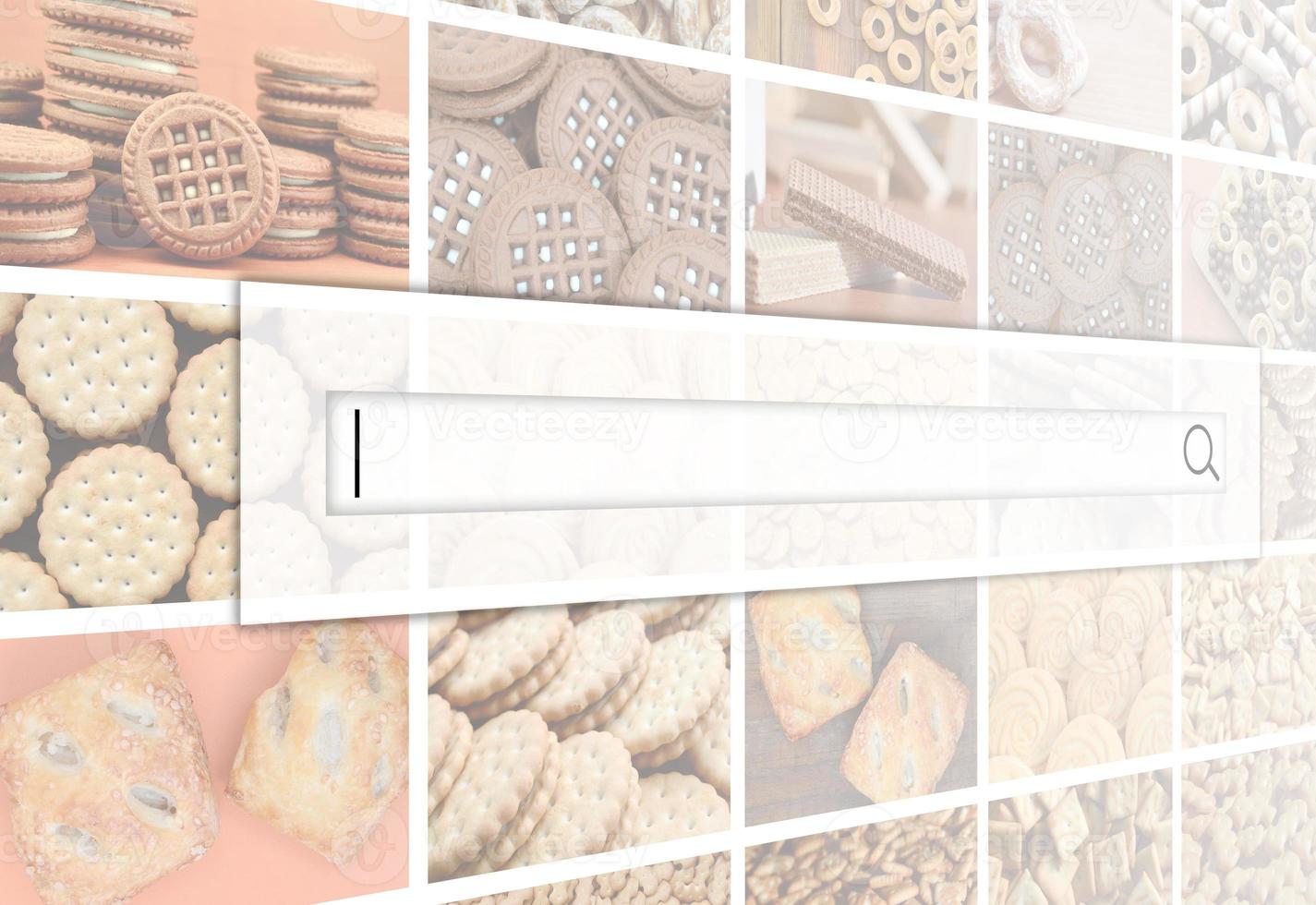 Visualization of the search bar on the background of a collage of many pictures with various sweets close-up. A set of images with varieties of biscuits, bagels and candies photo