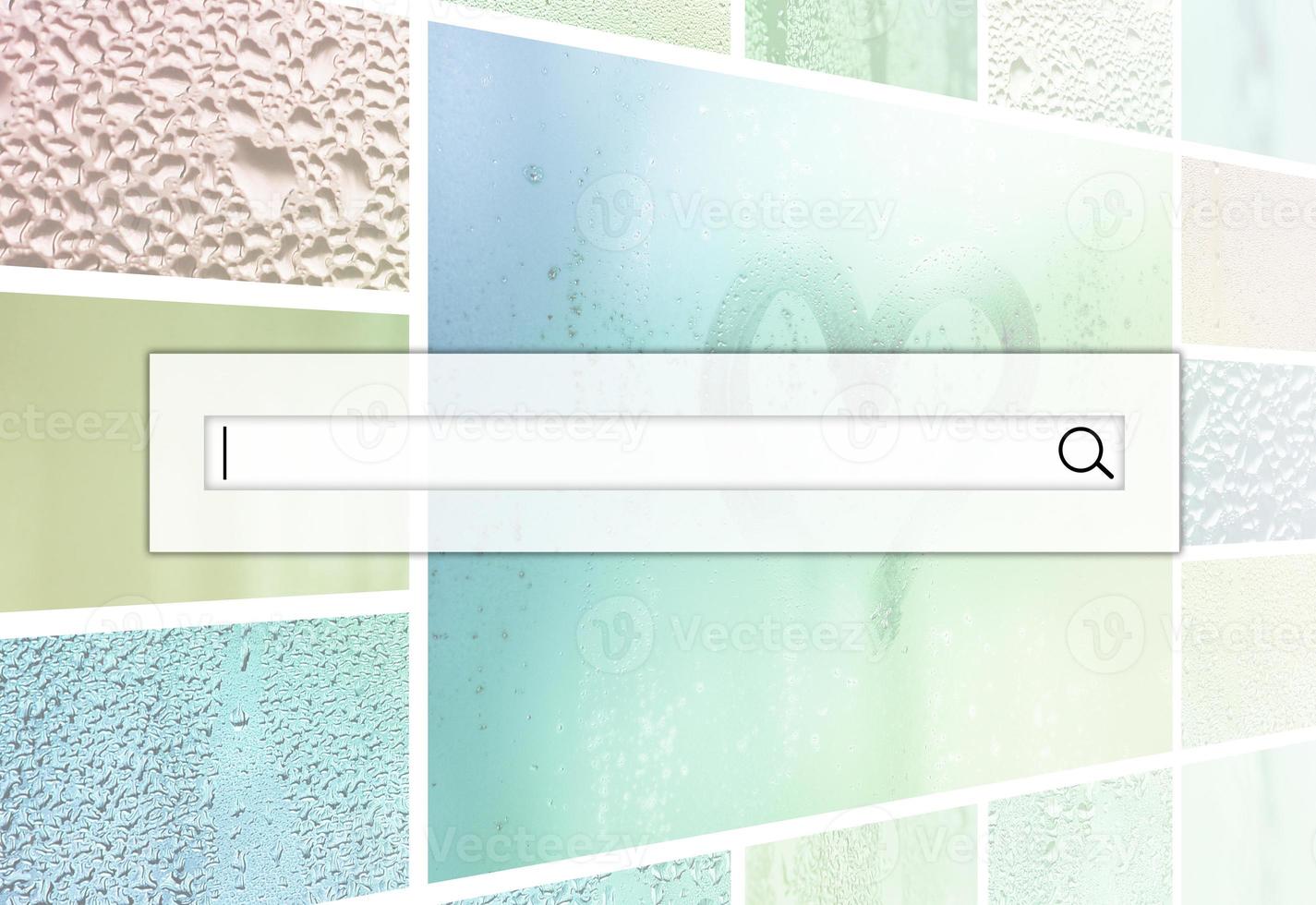 The search field is located on top of collage of many different fragments of glass, decorated with rain drops from the condensate and painted heart in center photo