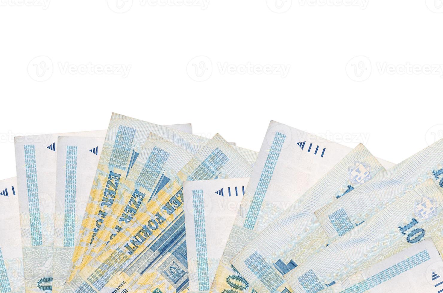 1000 Hungarian forint bills lies on bottom side of screen isolated on white background with copy space. Background banner template photo
