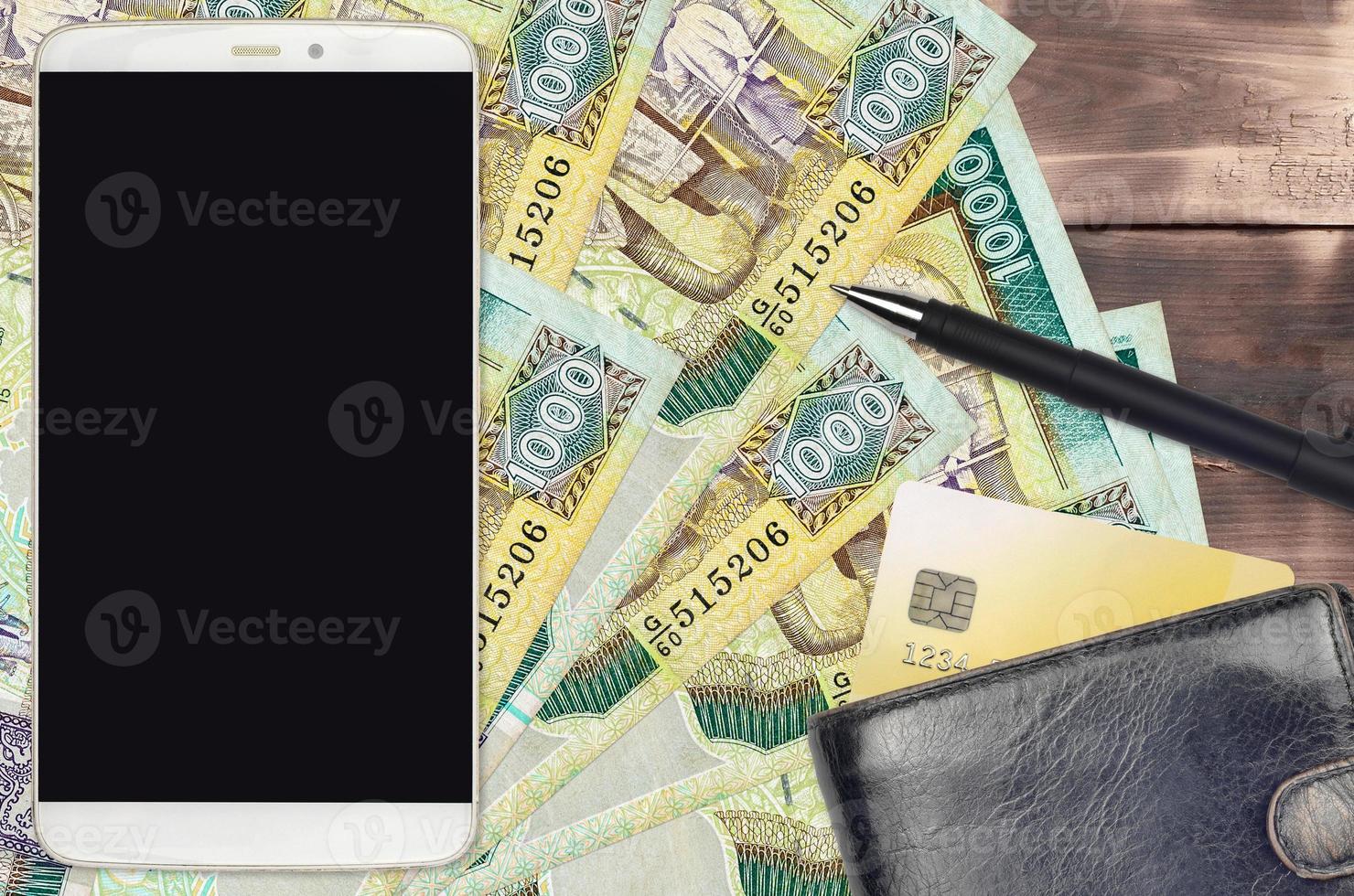 1000 Sri Lankan rupees bills and smartphone with purse and credit card. E-payments or e-commerce concept. Online shopping and business with portable devices photo