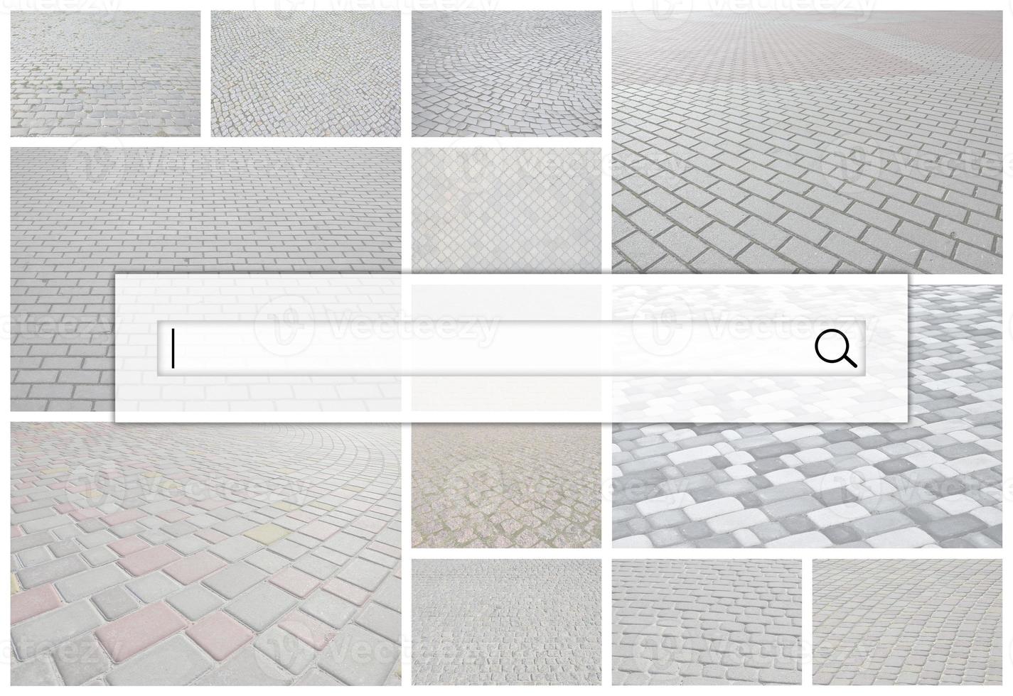 Visualization of the search bar on the background of a collage of many pictures with fragments of paving tiles close-up. Set of images with pavement stone photo