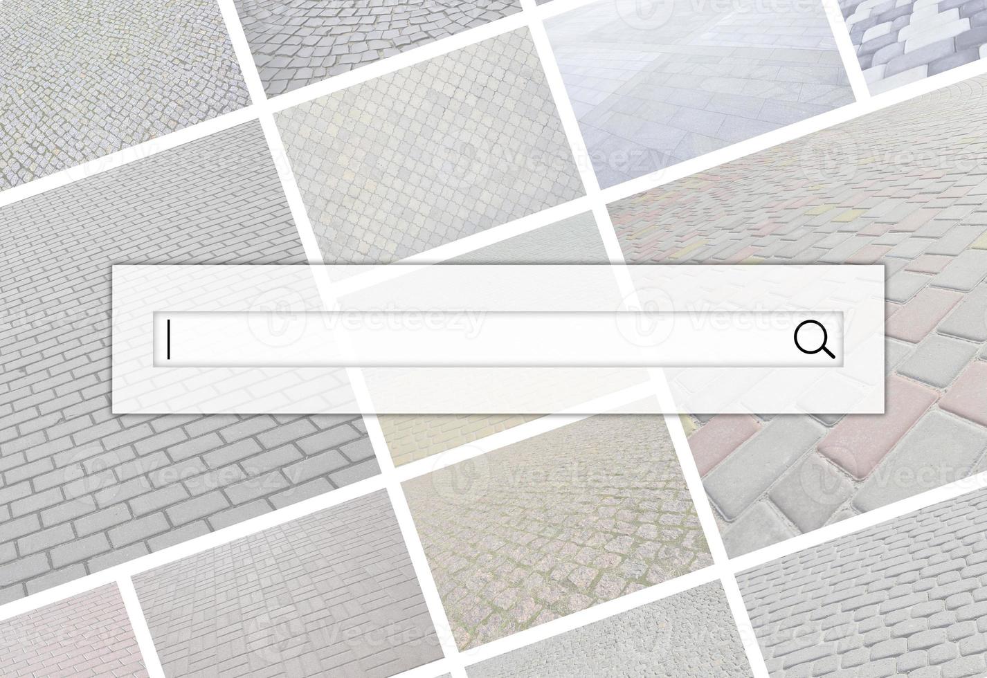 Visualization of the search bar on the background of a collage of many pictures with fragments of paving tiles close-up. Set of images with pavement stone photo