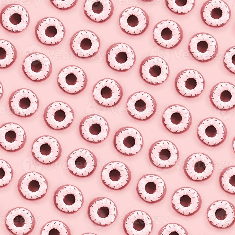 Many small plastic donuts lies on a pastel colorful background. Flat lay minimal pattern. Top view photo