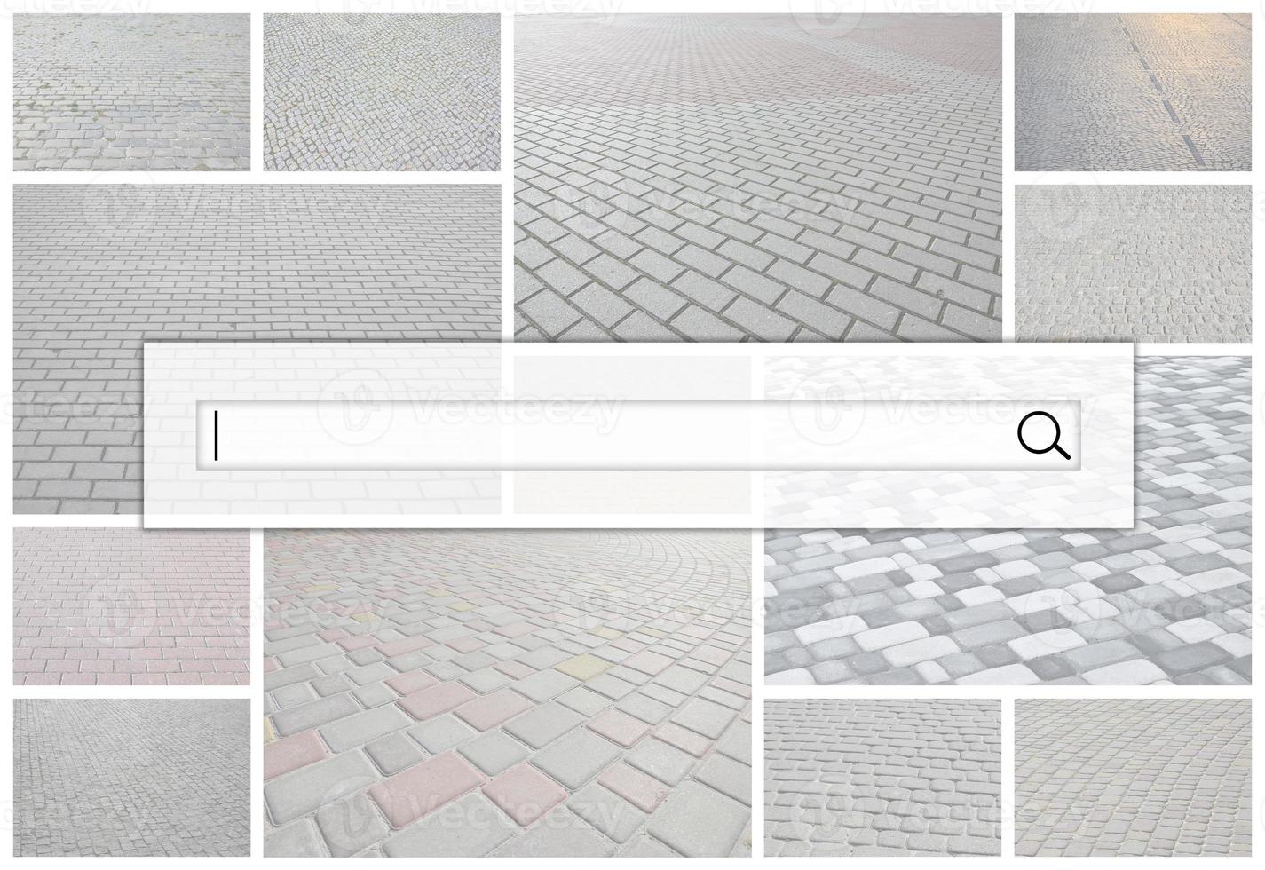 Visualization of the search bar on the background of a collage of many pictures with fragments of paving tiles close-up. Set of images with pavement stone photo