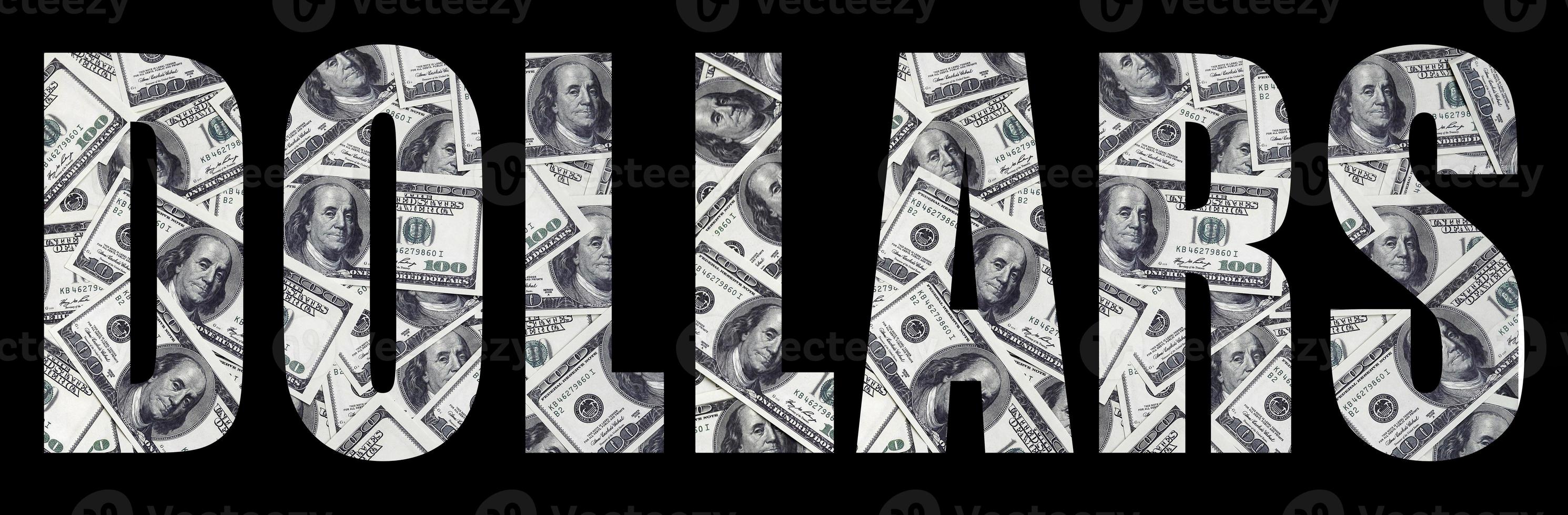 The inscription Dollars on a black background. A pattern from the set of scattered dollar bills as a filling character photo