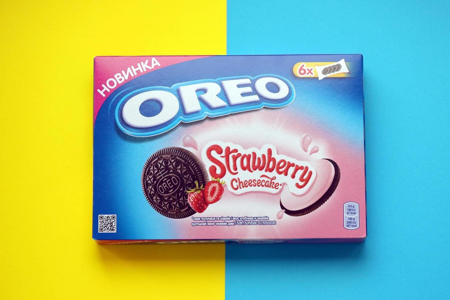 TERNOPIL, UKRAINE - MAY 28, 2022 Oreo strawberry cheesecake crispy cookie box. The brand Oreo is owned by company Mondelez international photo