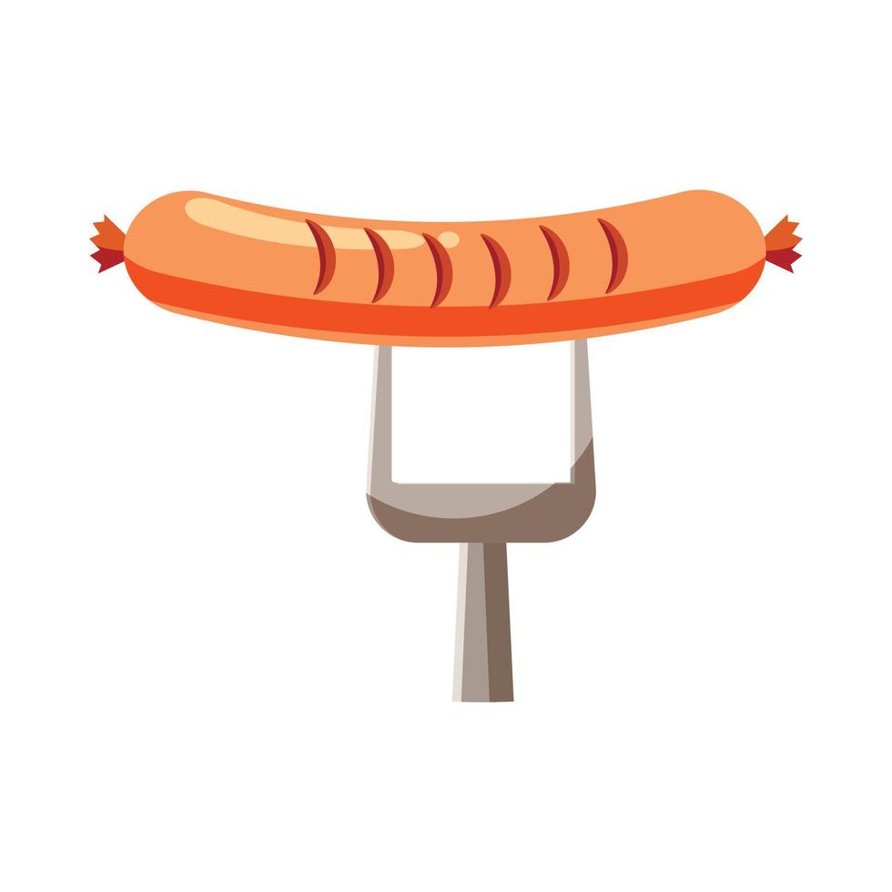 Grilled sausage on a fork icon, cartoon style vector