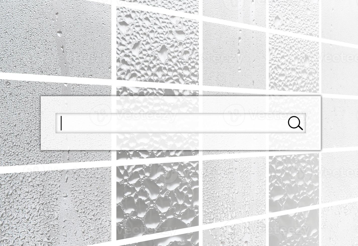 The search field is located on top of collage of many different fragments of glass, decorated with rain drops from the condensate. Black and white tones photo