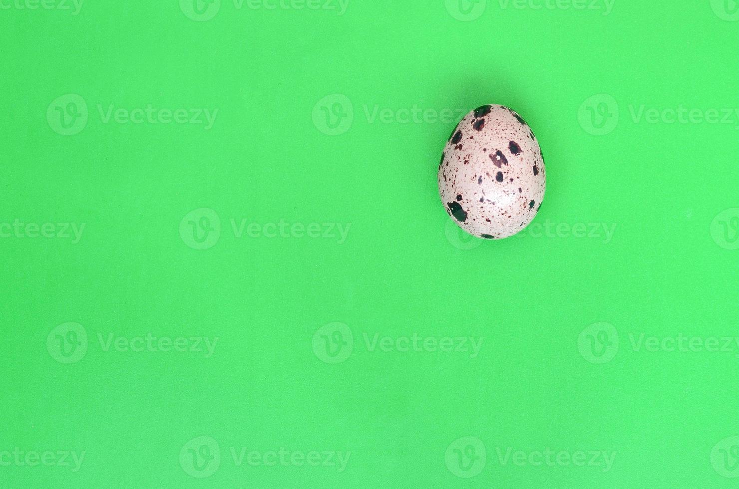 One quail egg on a light green surface, top view, empty place fo photo