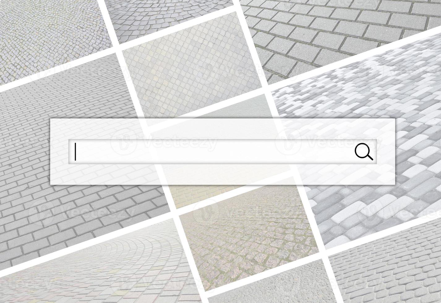Visualization of the search bar on the background of a collage of many pictures with fragments of paving tiles close-up. Set of images with pavement stone photo