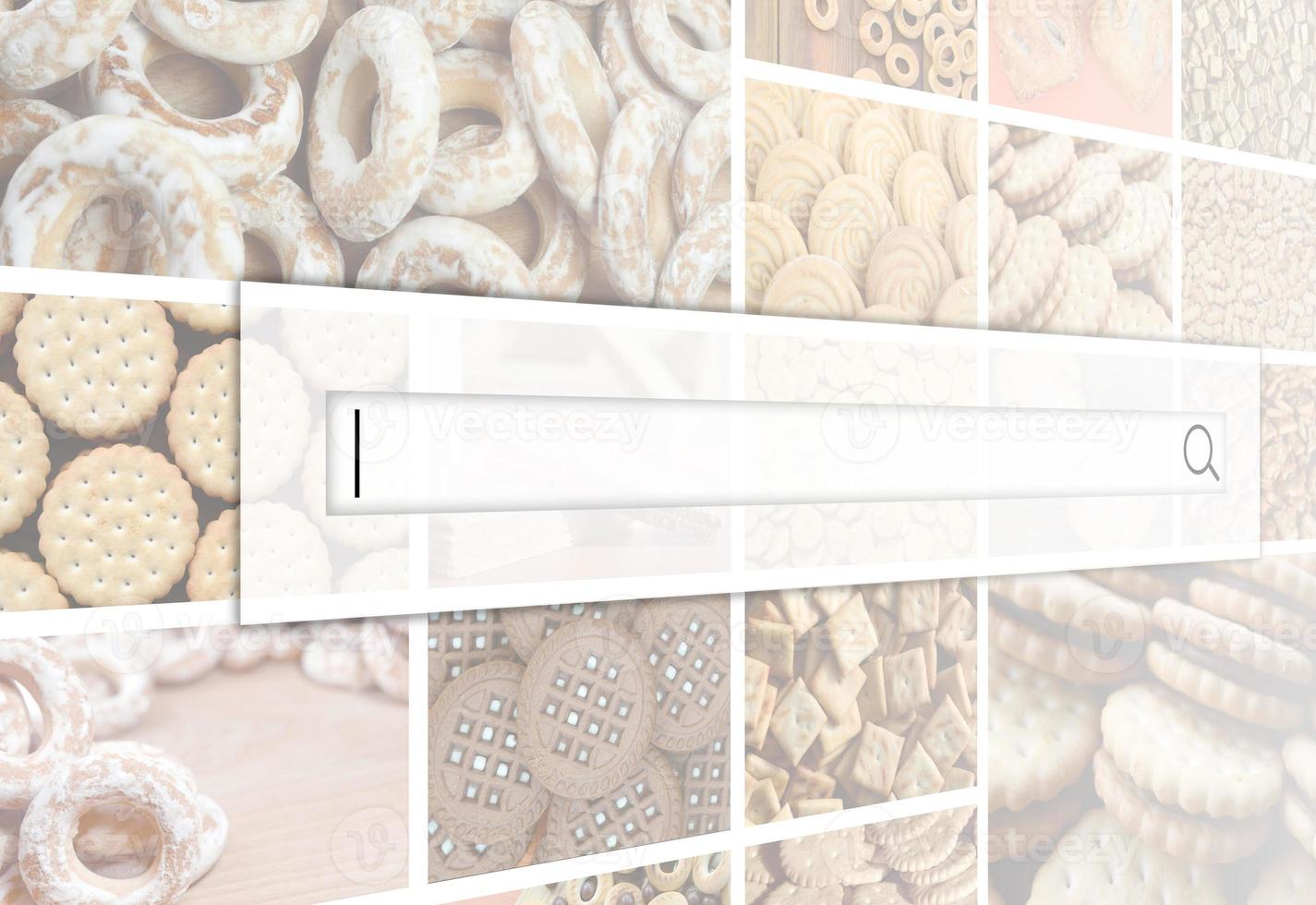 Visualization of the search bar on the background of a collage of many pictures with various sweets close-up. A set of images with varieties of biscuits, bagels and candies photo