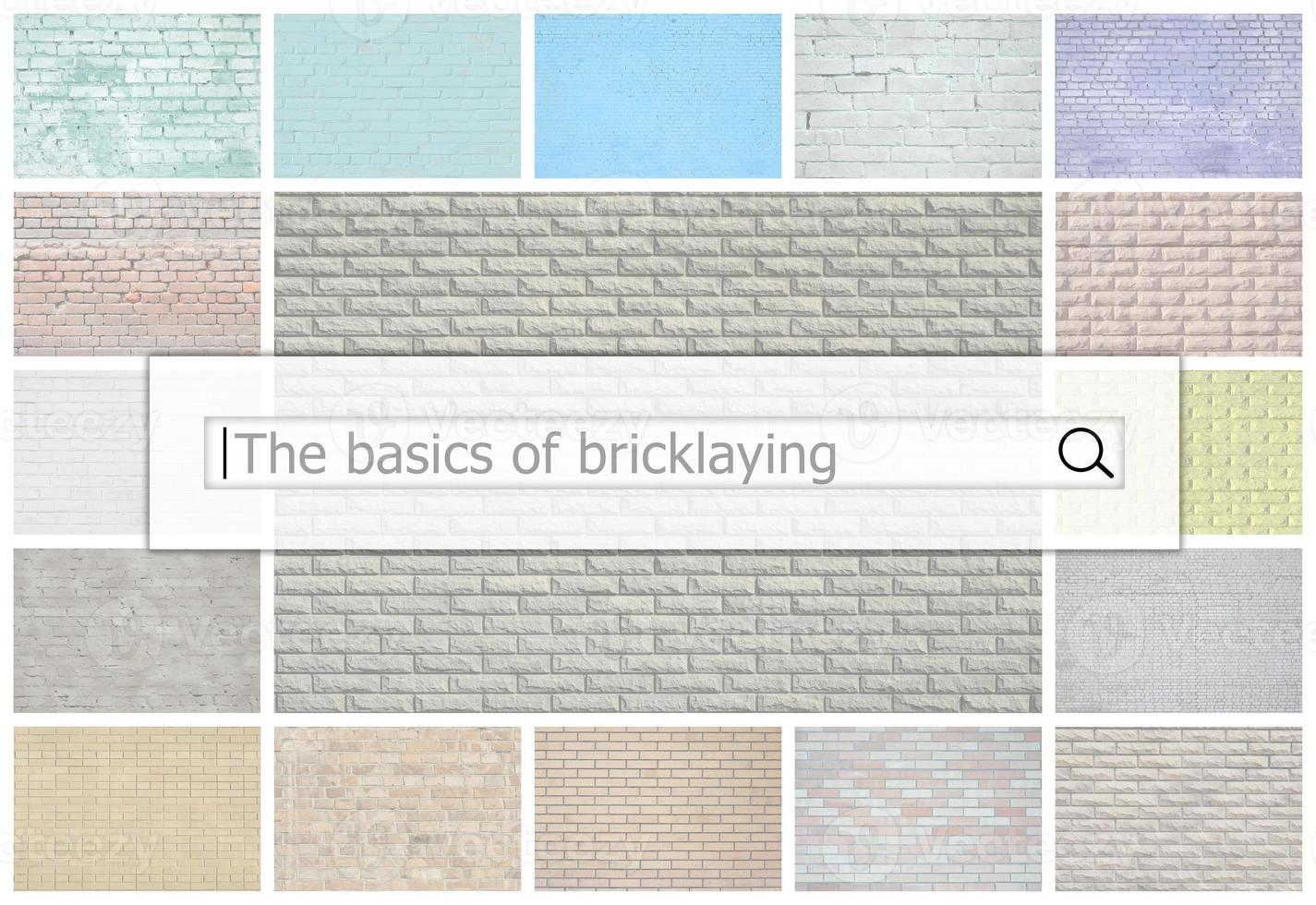 Visualization of the search bar on the background of a collage of many pictures with fragments of brick walls of different colors close up. The basics of bricklaying photo