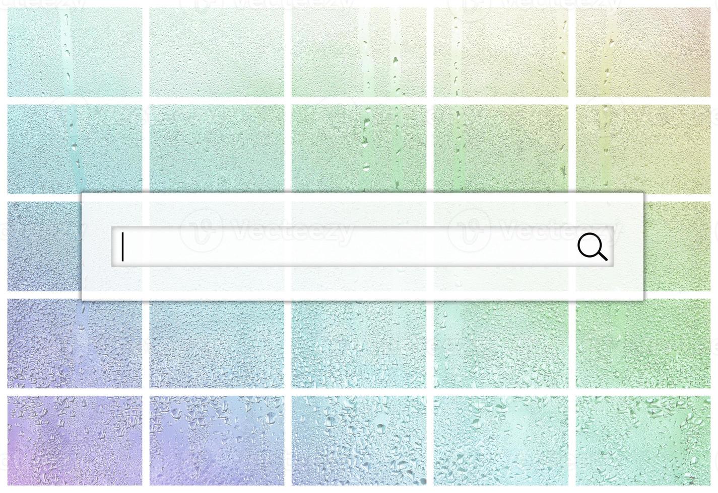 The search field is located on top of collage of many different fragments of glass, decorated with rain drops from the condensate. Rainbow colors photo