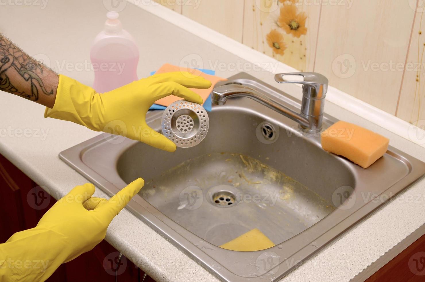 Cleaner in rubber gloves shows clean plughole protector of a kitchen sink photo