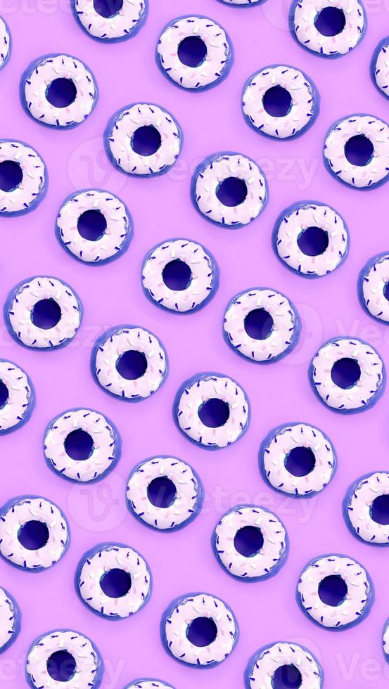 Many small plastic donuts lies on a pastel colorful background. Flat lay minimal pattern. Top view photo