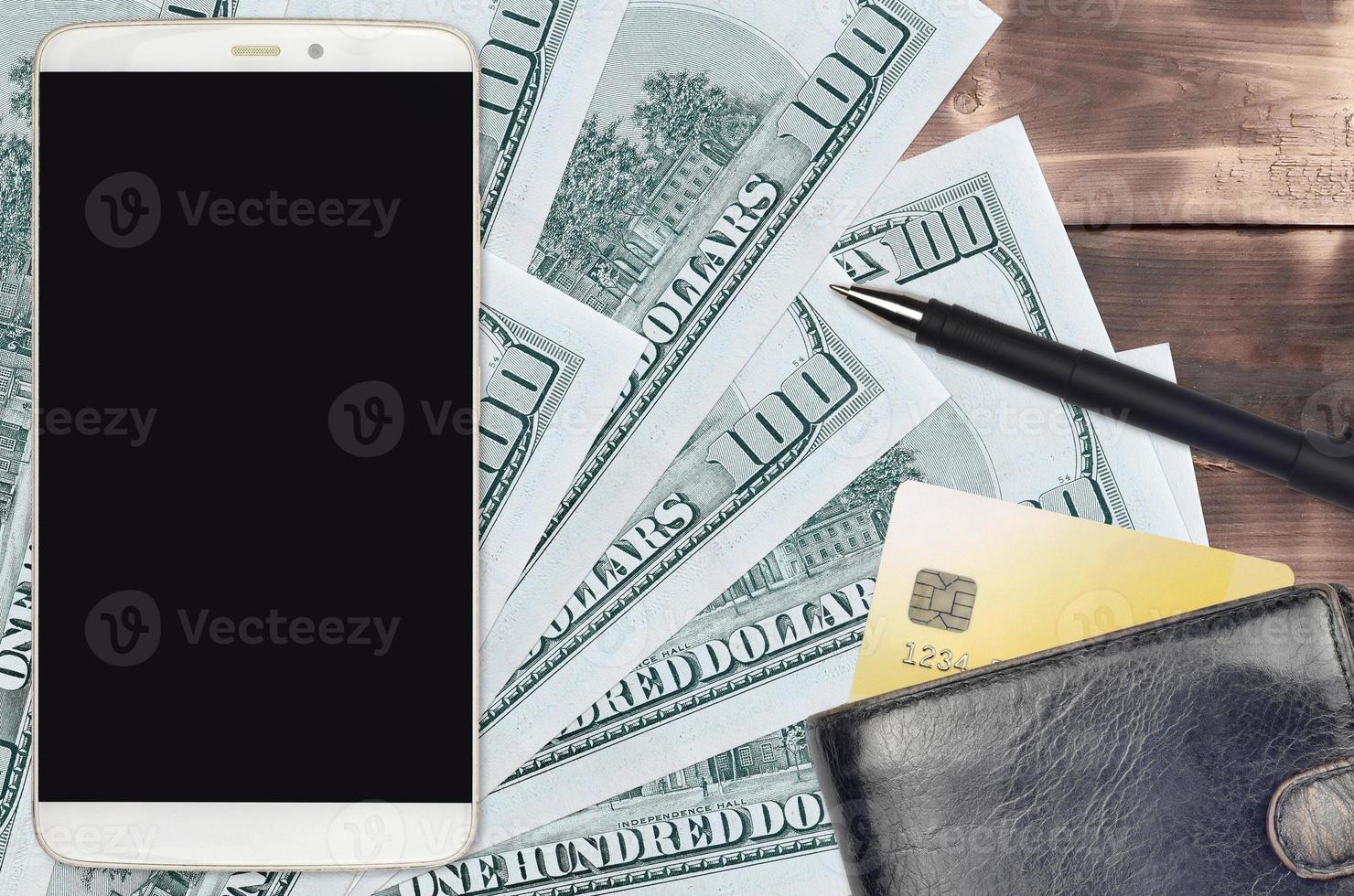 100 US dollars bills and smartphone with purse and credit card. E-payments or e-commerce concept. Online shopping and business with portable devices photo