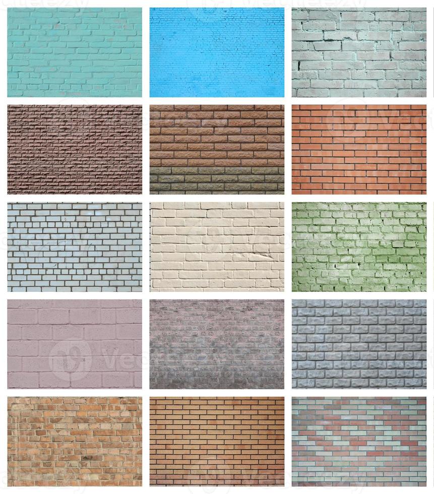A collage of many pictures with fragments of brick walls of different colors close-up. Set of images with varieties of brickwork photo