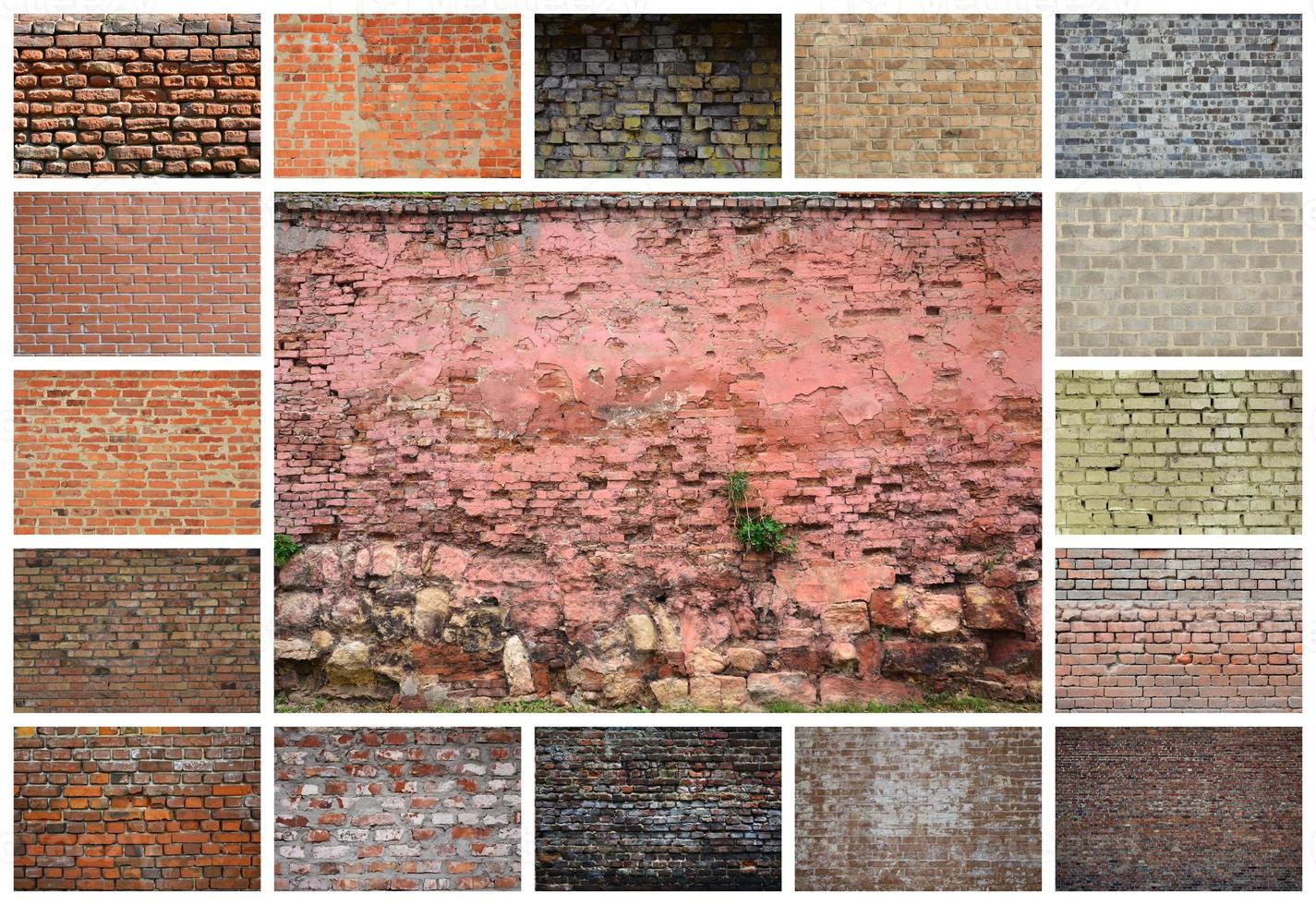 A collage of many pictures with fragments of brick walls of different colors close-up. Set of images with varieties of brickwork photo