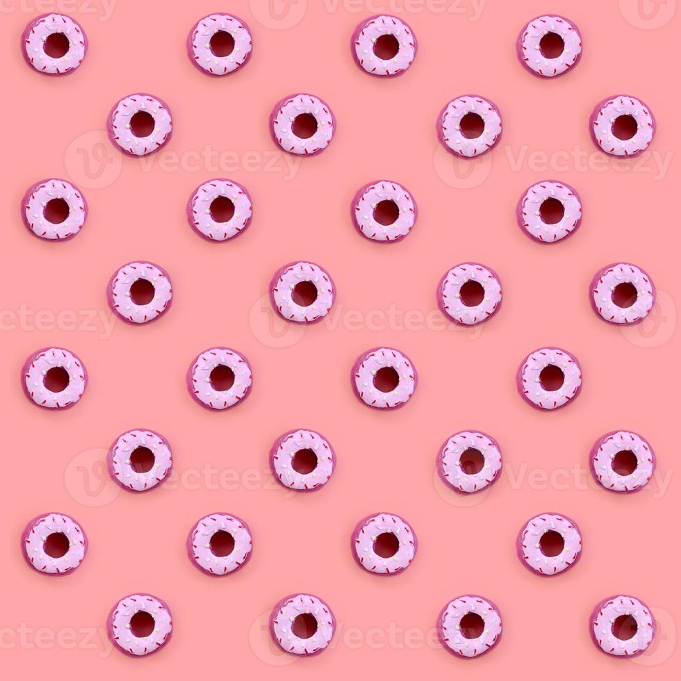 Many small plastic donuts lies on a pastel colorful background. Flat lay minimal pattern. Top view photo