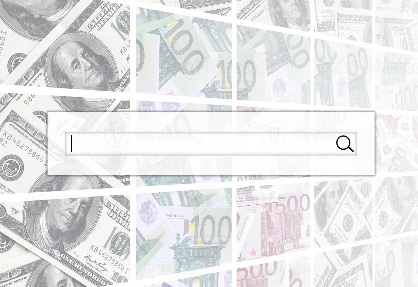 The search string is located on top of collage of many images of euro banknotes in denominations of 100 and 500 euros lying in the heap photo