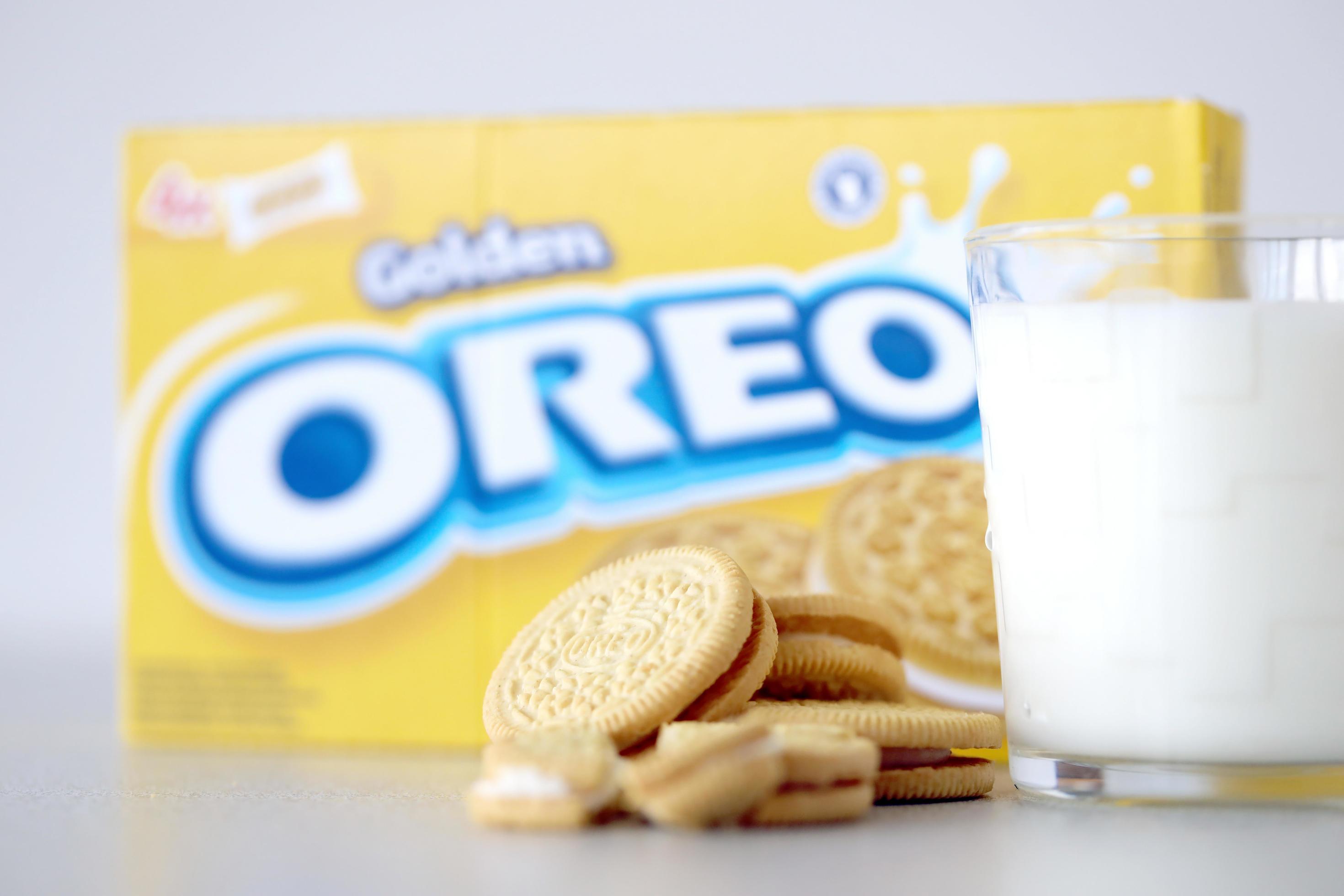 TERNOPIL, UKRAINE MAY 28, 2022 Oreo golden crispy cookies with glass