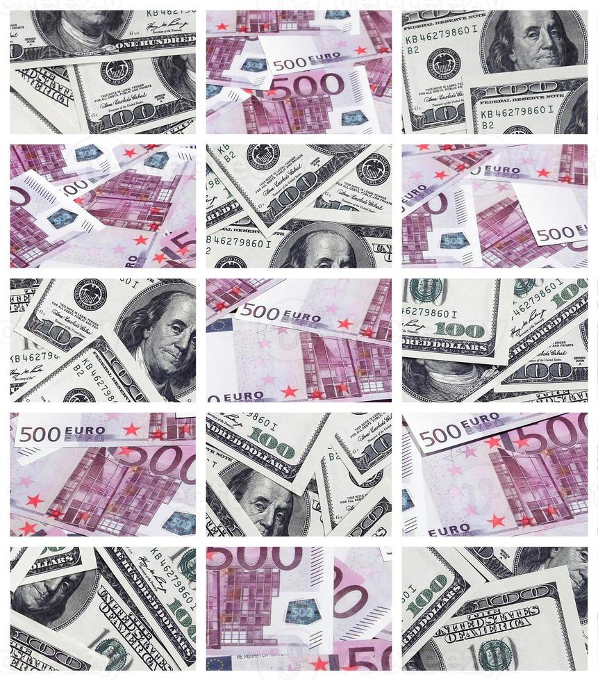 A collage of many images of euro banknotes in denominations of 100 and 500 euros lying in the heap photo