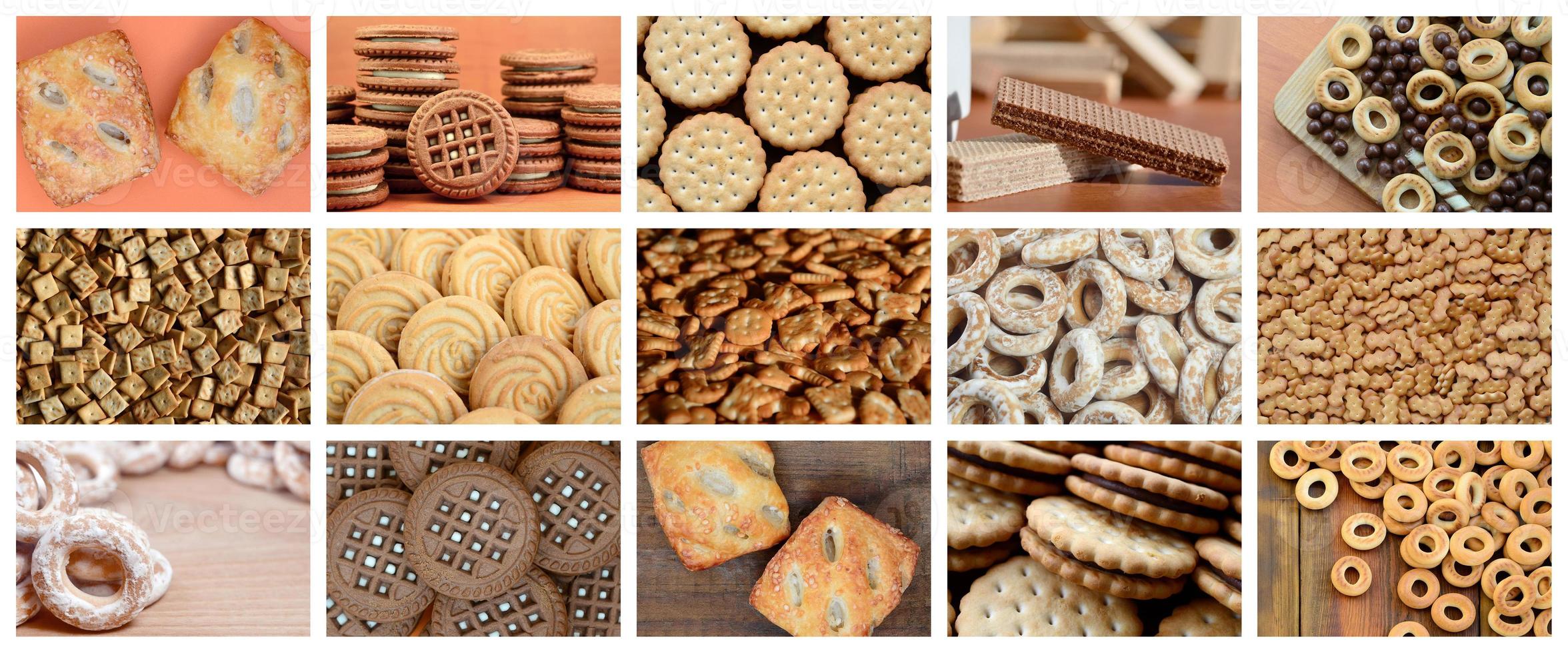 A collage of many pictures with various sweets close-up. A set of images with varieties of biscuits, bagels and candies photo